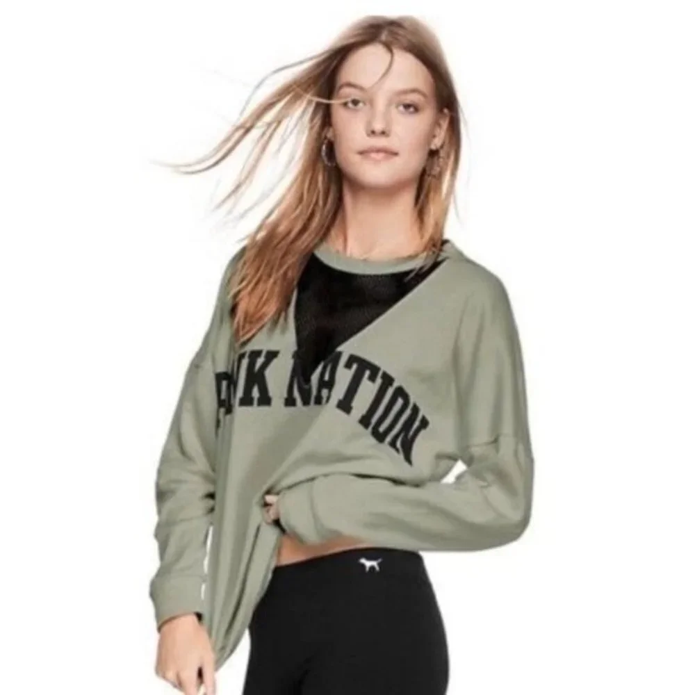 Victoria's Secret Pink Nation Campus Crew Mesh V-Neck Sweatshirt - Picture 2 of 14